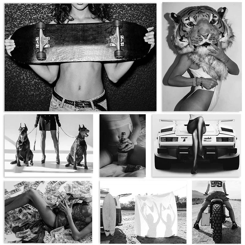 Сексуальные Женщины Постеры Плохая Девочка Черно-Белый Принт Холст Картины Настенное Искусство Для Современной Поп Комнаты Домашнее Украшение Картинки Фреска