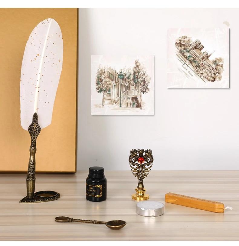 Luxury Fountain Pen Set Vintage Sprinkling Gold Feather Pen Ink Bottle Calligraphy Writing Dip Pen Birthday Gift Box 5 Nib Quill
