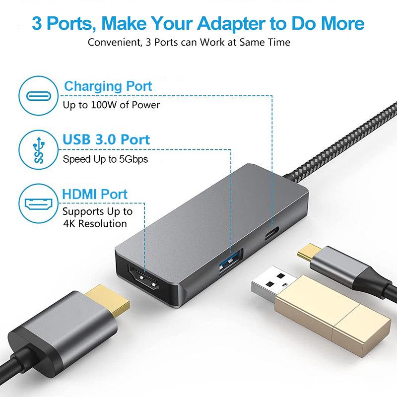 Многопортовый USB-C концентратор с HDMI: 3-в-1 док-станция для ноутбука с HD-зеркалированием экрана