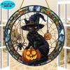 2D Flat Halloween Black Cat Acrylic Dream Catcher Pendant - Stained Glass Style Decorative Plate with Pumpkin and Spider Elements