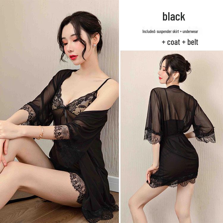 Комплект кружевного нижнего белья большого размера из 3 предметов: Сексуальная летняя ночная сорочка-майка из прозрачного ледяного шелка.