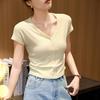 Modal Cotton Skin-friendly Button Pleated Waist V-neck T-shirt for Women's Summer Short-sleeved Thin Top