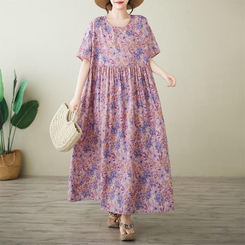 Новое хлопковое винтажное платье с цветочным принтом больших размеров с коротким рукавом для женщин, повседневное свободное длинное летнее платье
