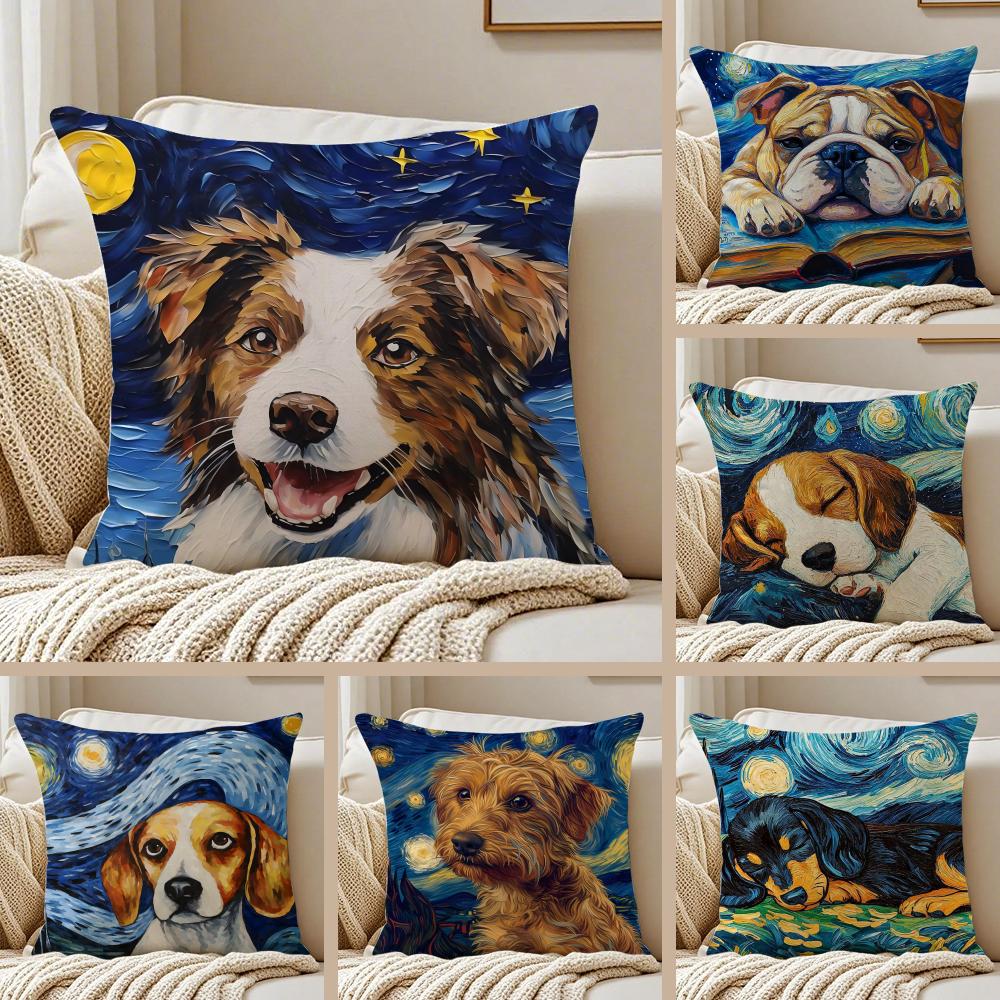 Catoon Starry Sky Dog Cushion Cover Silky Short Plush Double-Sided Printed Pillow Case for Sofa All Seasons Home Decor Gift