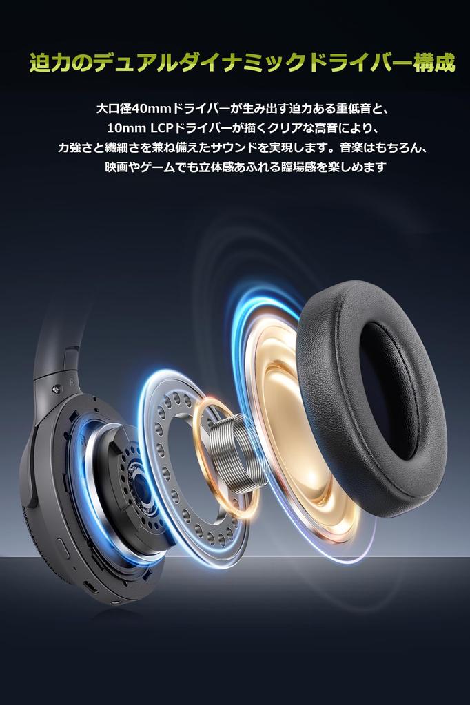 MIATONE Seattle Wireless Hybrid Active Noise up to Wireless AUX Wired Ambient Sound Capture Deep Headphone Storage Case Up to 60 Hours of 40mm 10mm