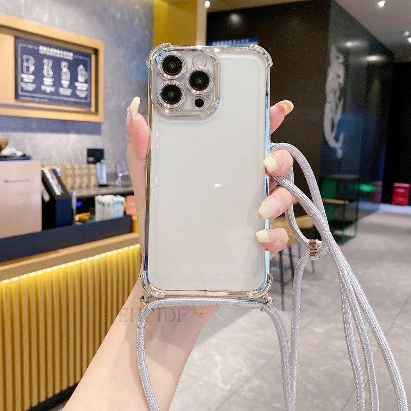 Clear Strap Case For Xiaomi Redmi 15C 14C 13C Note 15 14 13 Pro Plus Mi 15T Crossbody Lanyard Cord 6D Shockproof Plating Cover