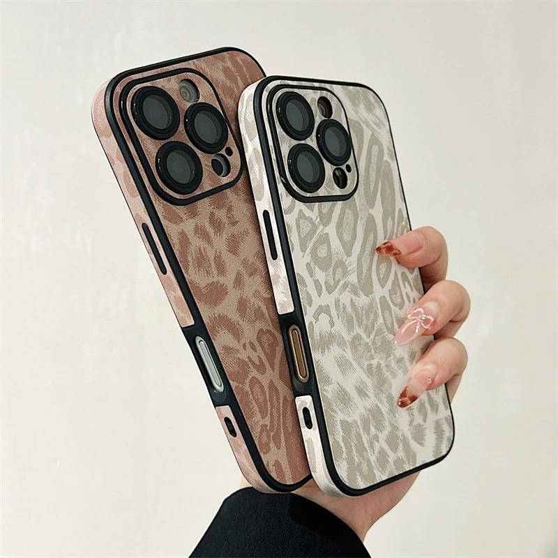 Роскошный Цветной Чехол для Телефона из Кожи с Леопардовым Принтом для iPhone 16 15 14 Plus 13 12 11 Pro Max Матовый Ударопрочный Мягкий Бампер