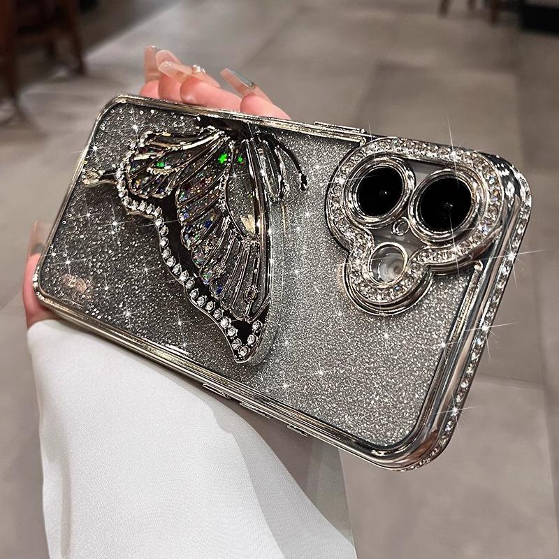 Applicable To Apple 16 Mobile Phone Case Electroplating Edge Drill 14/13 Quicksand Butterfly IPhone 15 Promax Protection Case