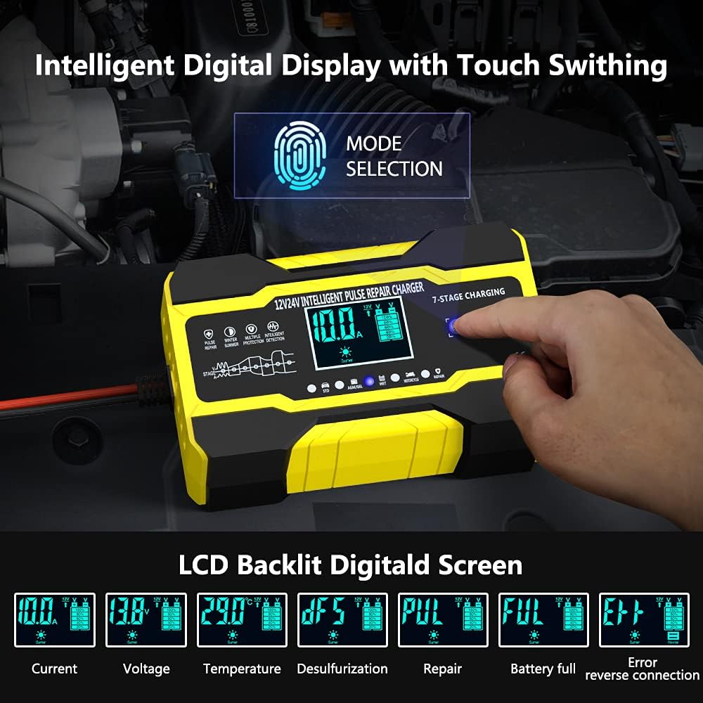 10-Amp 12V Car Battery Charger, 24 Volt 5A Fully-Automatic Battery Charger with LCD Screen Pulse Repair