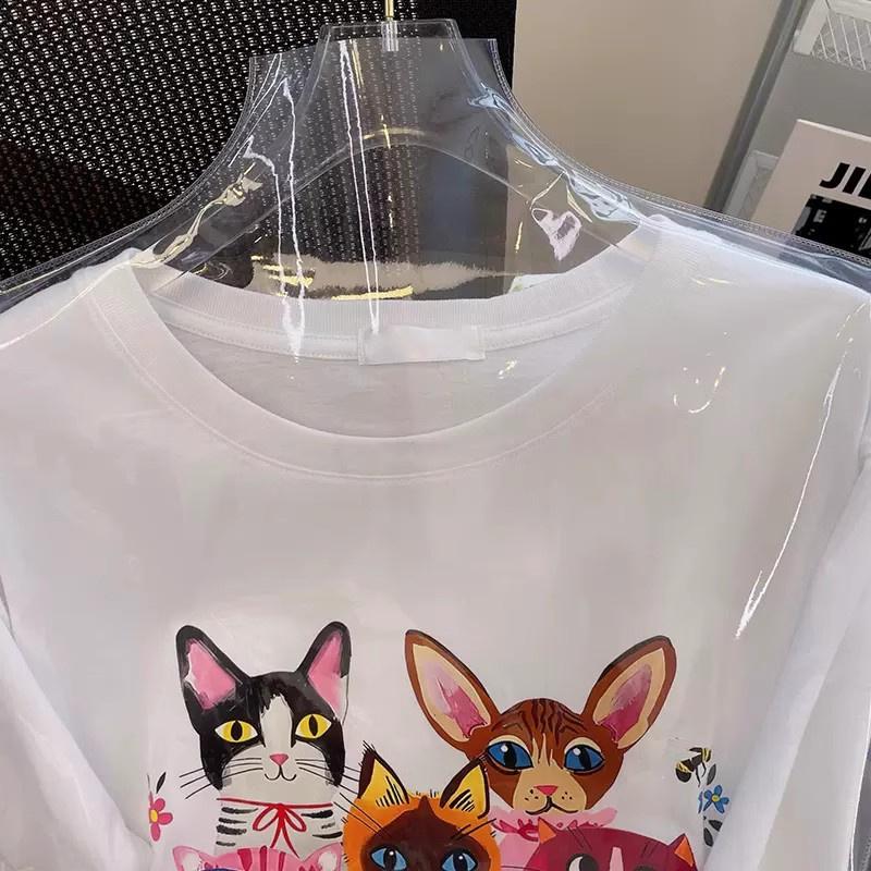 2026 Summer New Pure Cotton Cat Print Short Sleeve Women's Casual Versatile T-Shirt