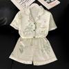 2025 Summer Short Sleeve Tops and Shorts Pajamas for Wome N Korean 2 Piece Set Silk Fashion Sleepwear Elegant Print Satin Pajama Set Young Girl
