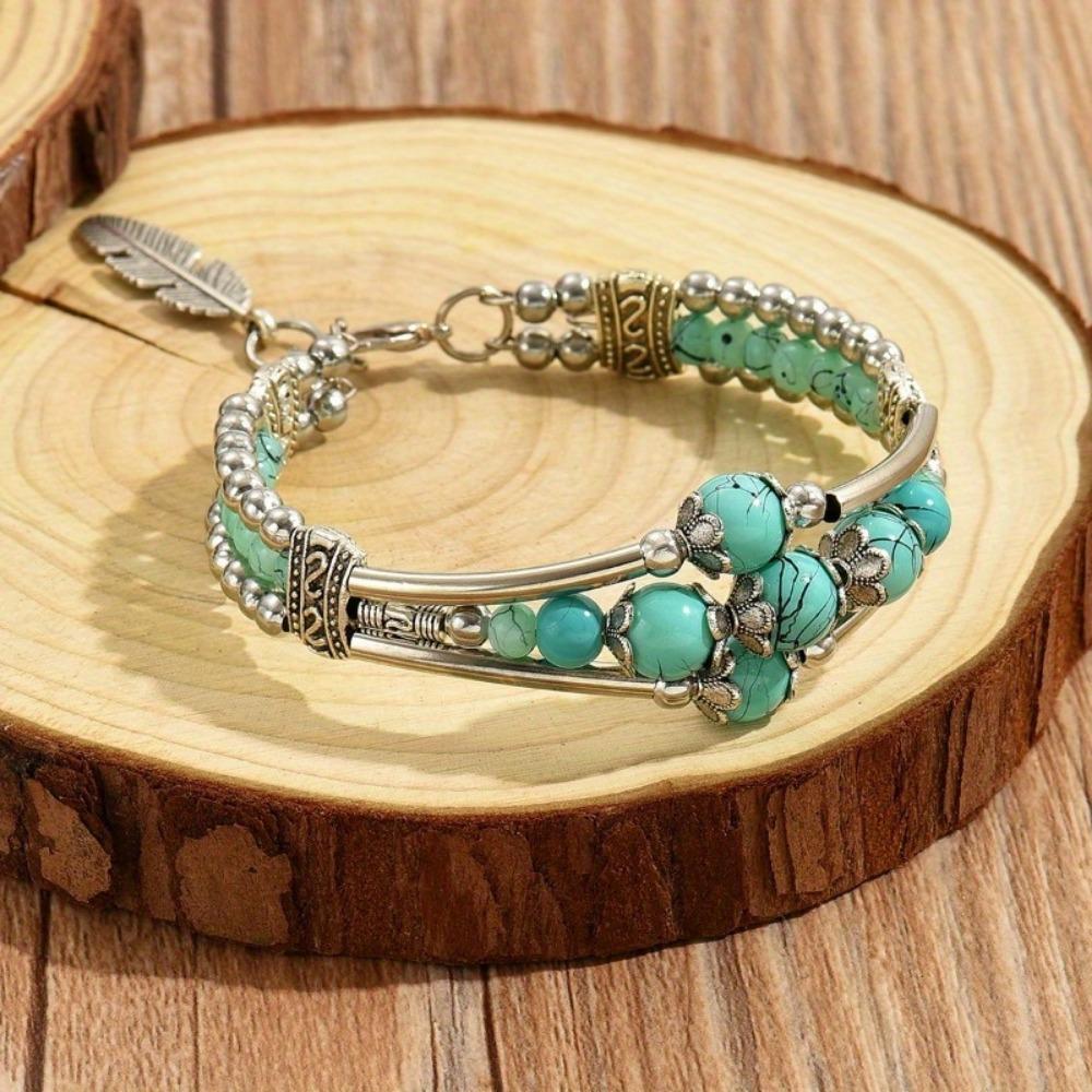 1 шт. Ретро-браслет с ажурным узором, этнический бирюзовый браслет с листьями - классический дизайн для повседневной и праздничной одежды, элегантный