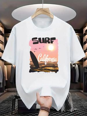 Women's Graphic Tee Men's 100% Cotton T-Shirt Short Sleeve "Surf California" Sunset Graphic Tee For Men Casual Beach & Summer Outfits Unisex,gift,Top