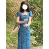 Heavy Industry High-end Blue Long Dress. Retro Square Neck Dress Women's Summer New Break