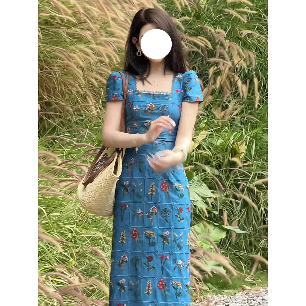 Heavy Industry High-end Blue Long Dress. Retro Square Neck Dress Women's Summer New Break