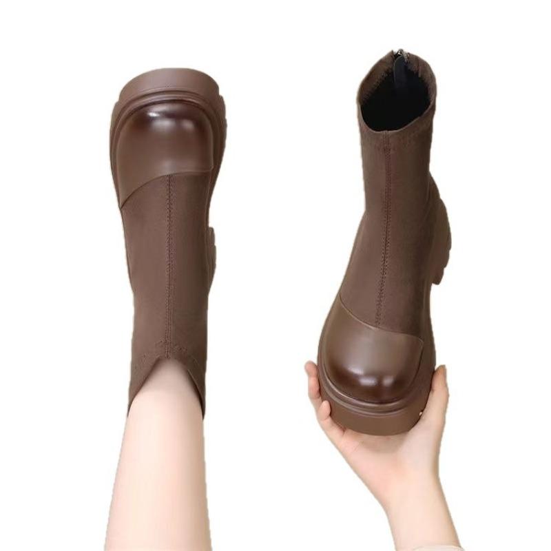 Retro thick heel elastic thin short boots women's winter new heightened velvet rear zipper Martin boots