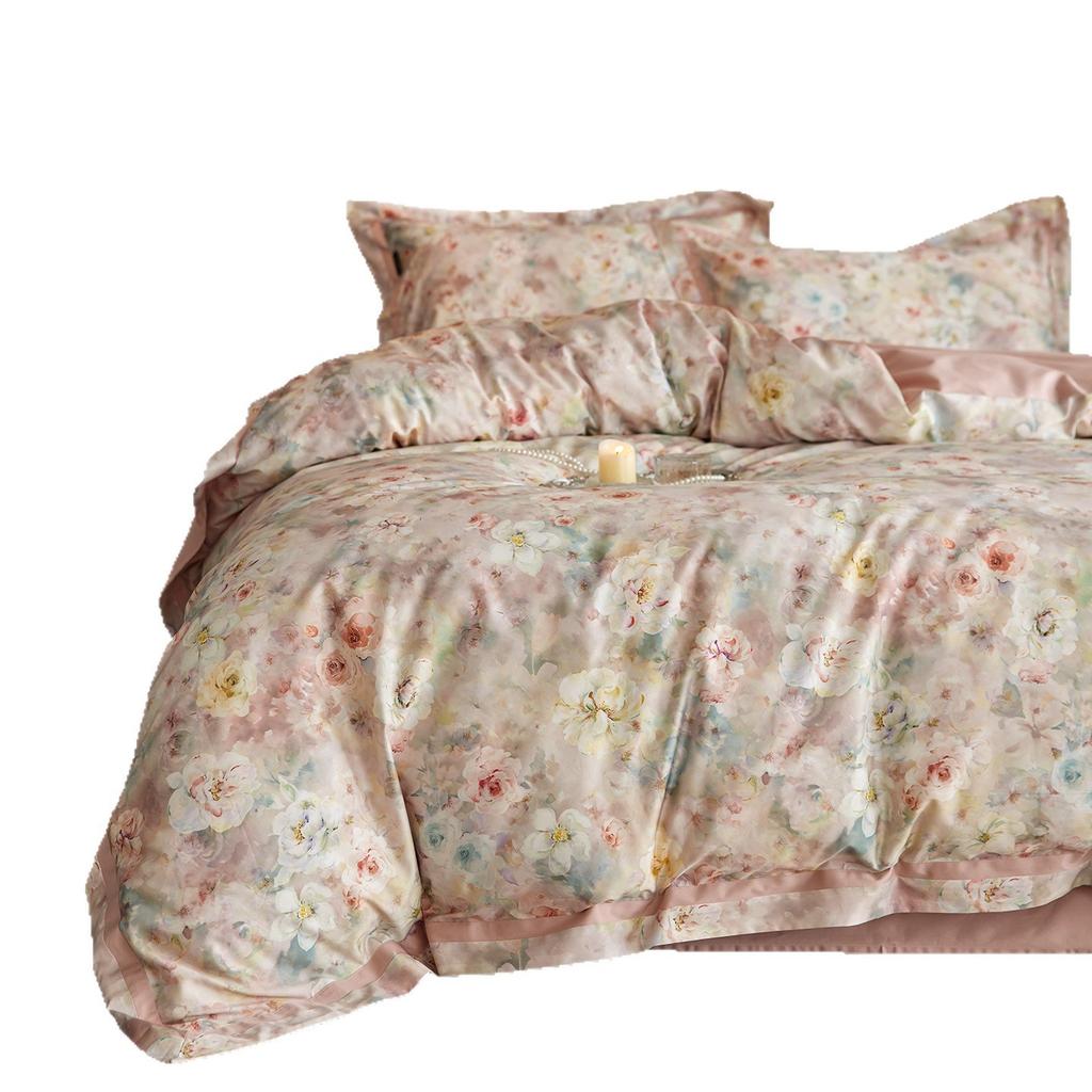 Легкий люкс Класс А 100S Длинноволокнистый хлопок Сатин Цветочная цифровая печать Четырехпредметный комплект Простыня Пододеяльник Постельное белье