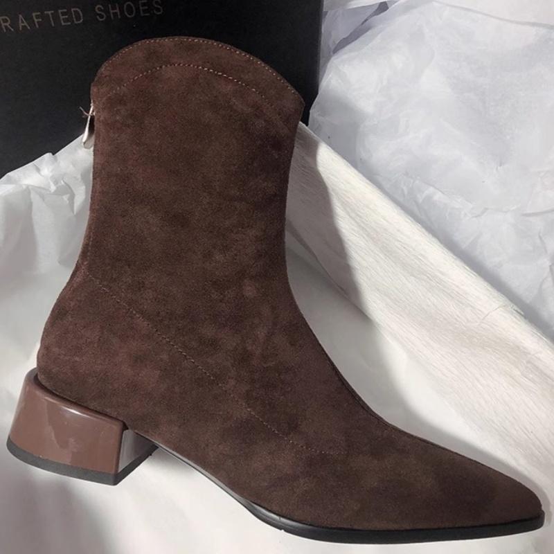 Мода сексуальные остроносые высокие каблуки ботильоны зимние теплые замшевые туфли женские 2025 тренд мода массивные туфли элегантные туфли-лодочки Botas Mujer