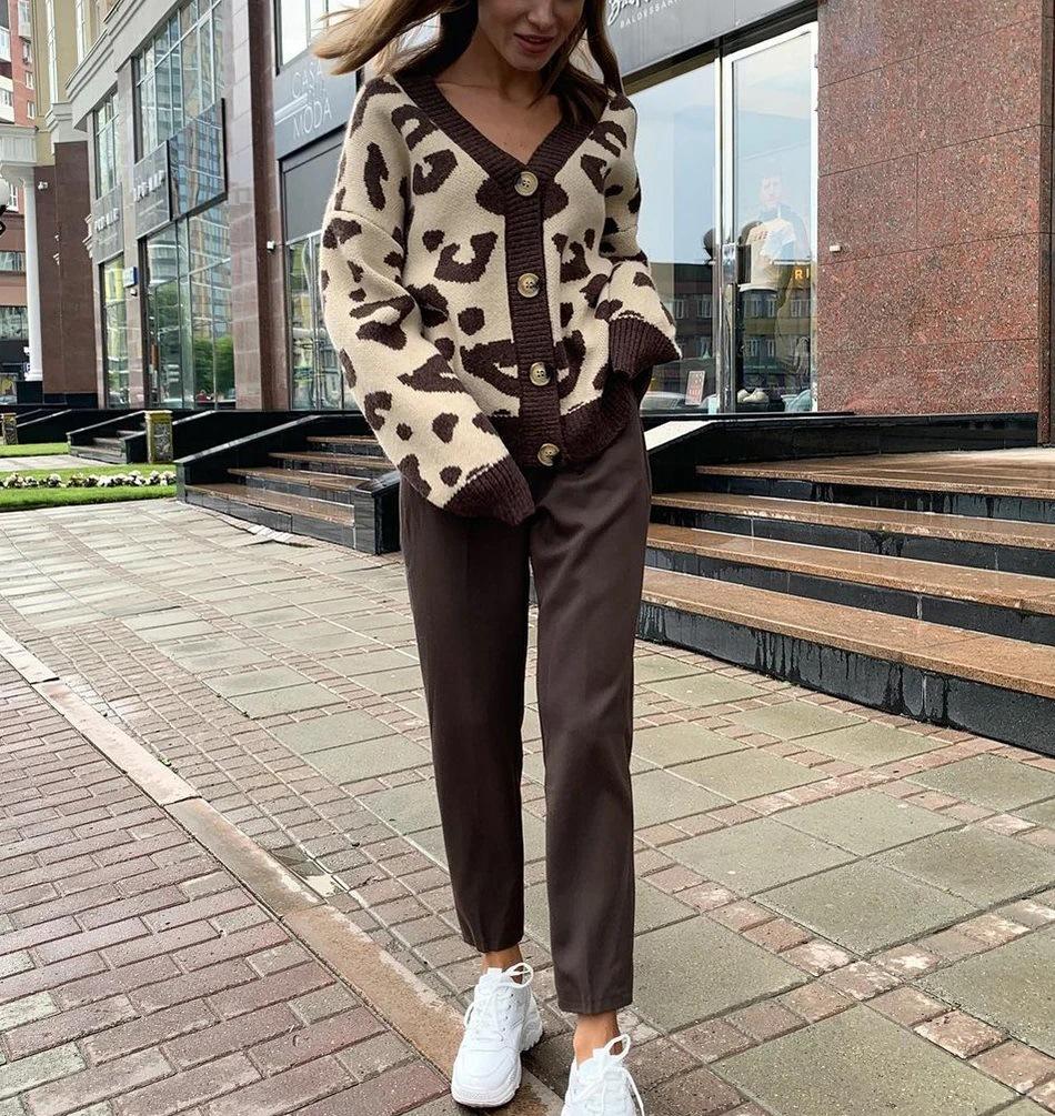 Осенне-зимний вязаный кардиган с животным принтом, женский мягкий утолщенный вязаный свитер с леопардовым принтом, топ