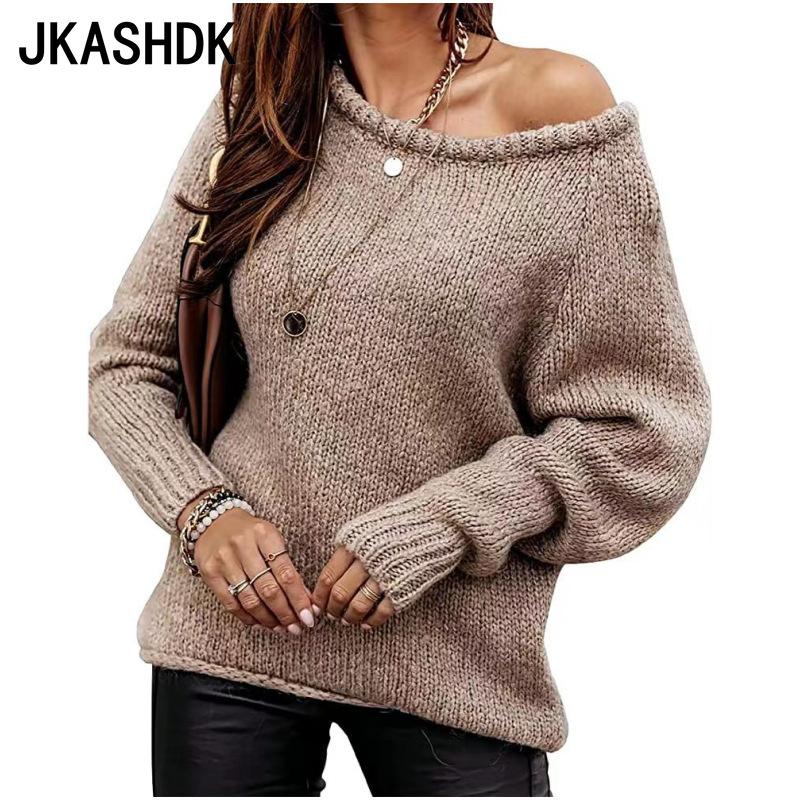 JKASHDK Женская мода, повседневный однотонный принт, осень-зима, большие размеры, свободные свитера с длинными рукавами и круглым вырезом