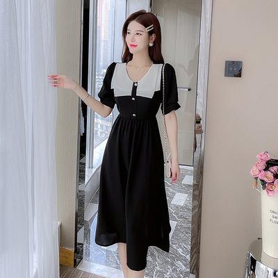 French retro tea break Hepburn style A-shaped skirt for women's summer new temperament waist and thin small black dress