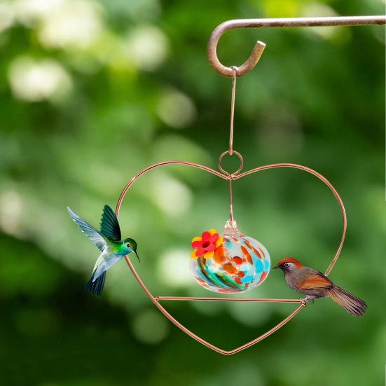 Heart-Shaped Hummingbird Feeder Hanging Water Feeder with Perch Colorful Glass Bottle Wire Frame Hummingbird Feeder for Porch Yard Garden Outdoor