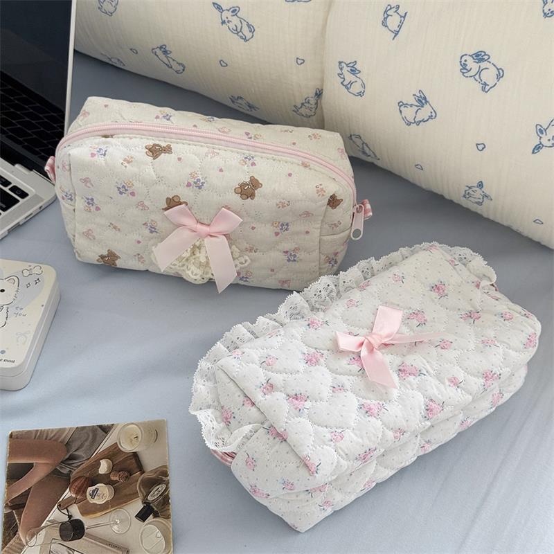 Милый медвежонок, сладкое сердце, бант, розовое кружево, косметичка, большая вместимость, портативная дорожная сумка для хранения, женский клатч, девчачьи косметички