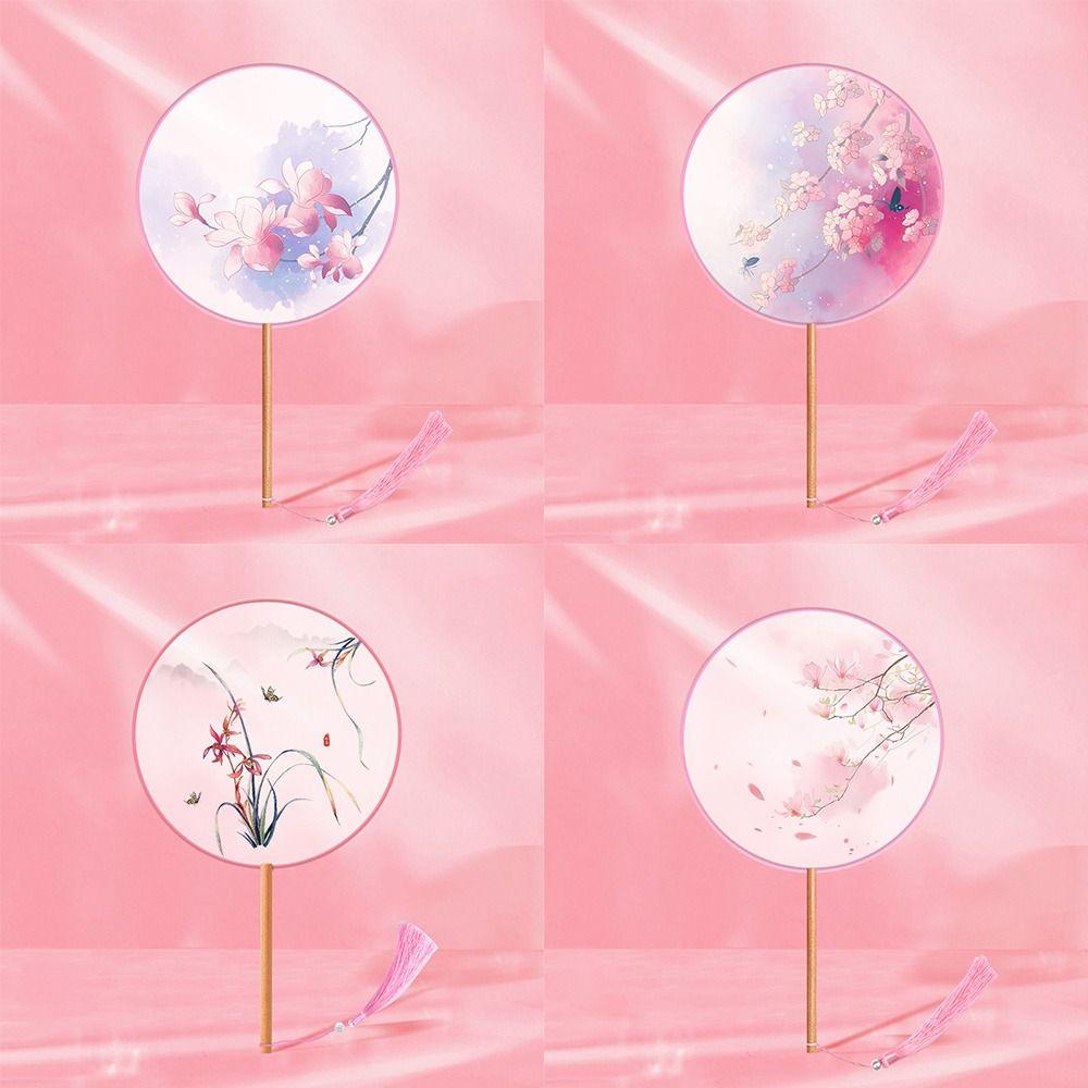 Полупрозрачный круглый веер с длинной ручкой Шелковый веер Вышитый веер для Ханьфу Танцевальное выступление