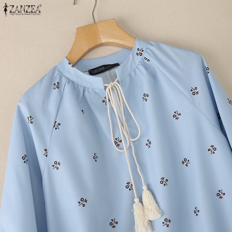 ZANZEA Женская повседневная блузка с круглым вырезом, цветочным принтом и длинными рукавами