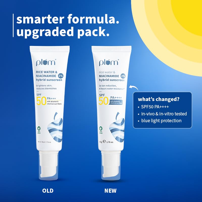 Plum Гибридный солнцезащитный крем с 2% ниацинамида и рисовой водой SPF 50 PA++++ 50 г X Упаковка из 2 шт. Легкий, нелипкий, с сиянием