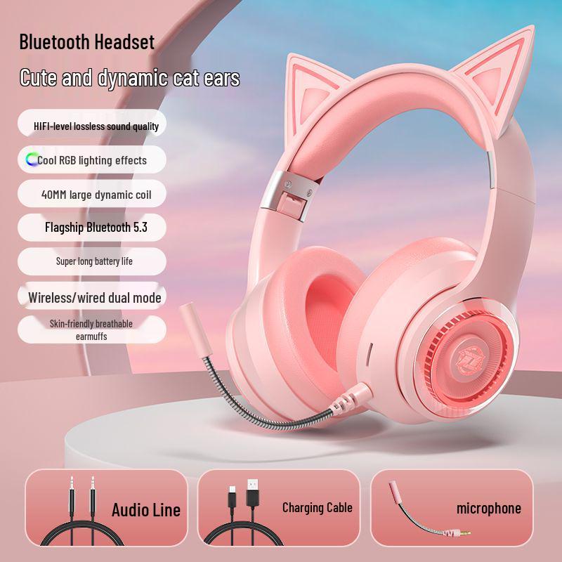 Светящиеся беспроводные Bluetooth накладные наушники с кошачьими ушками 2025 - Игровые и спортивные, Тяжелый бас, Совместимы с мобильными устройствами и ПК