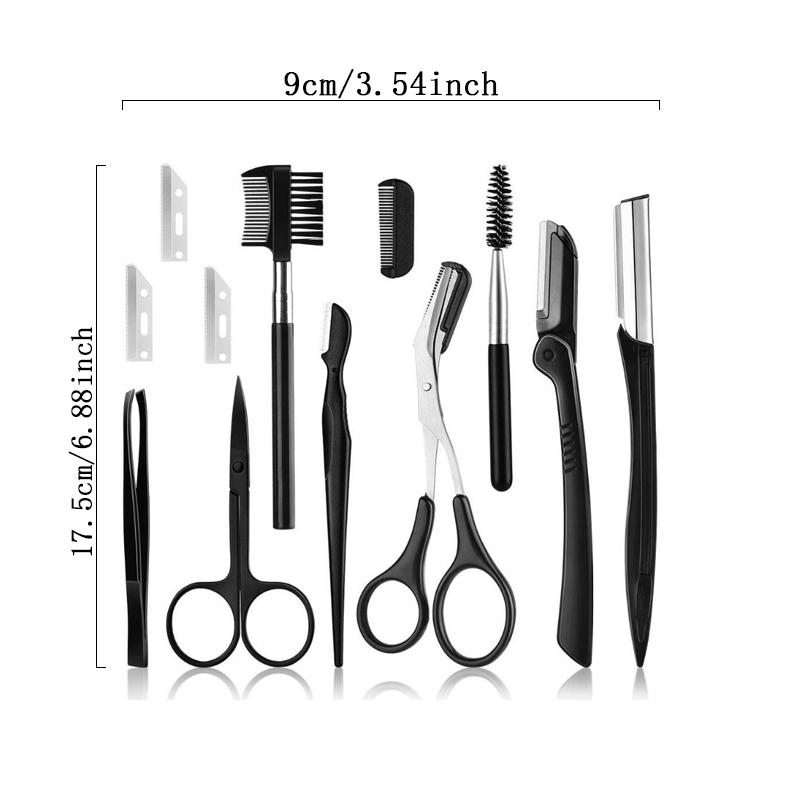 Складной триммер для бровей из нержавеющей стали для начинающих, ножницы для стрижки, черные с расческой, зажим для бровей, набор кисточек для ресниц, 12 шт.