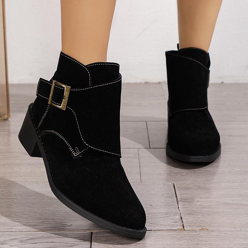 Модные коричневые ботильоны с металлической пряжкой в британском стиле для женщин, однотонные полусапожки из искусственной замши на толстом каблуке, женские, осень-зима