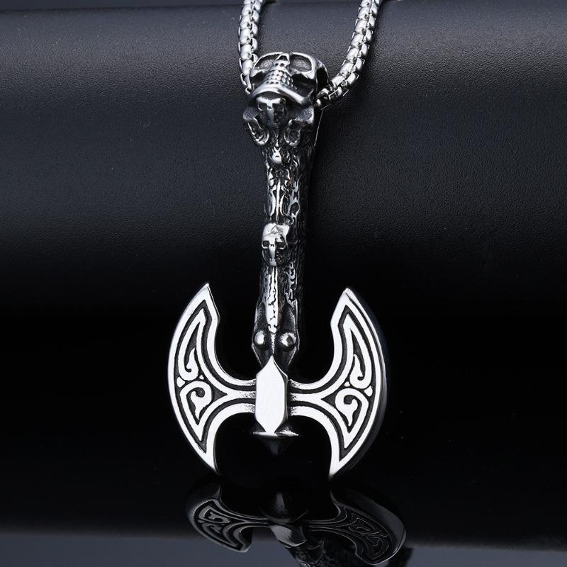 Punk nordic viking mythology totem battle axe stainless steel ready-to-ship necklace