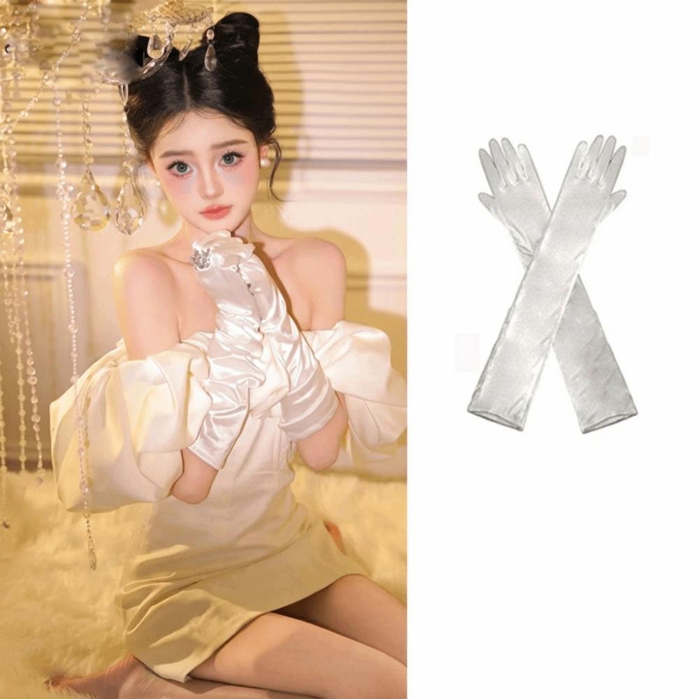 Vintage Satin Long Gloves Lace Long Finger Mittens Wedding Bridal Gloves  Dress Accessories