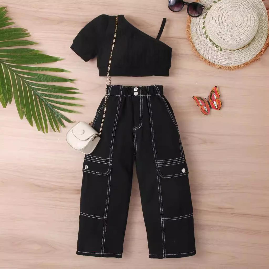 Комплект одежды для девочек: Летний детский однотонный пуловер с короткими рукавами и открытыми плечами, комплект из двух предметов с цветными джинсовыми брюками