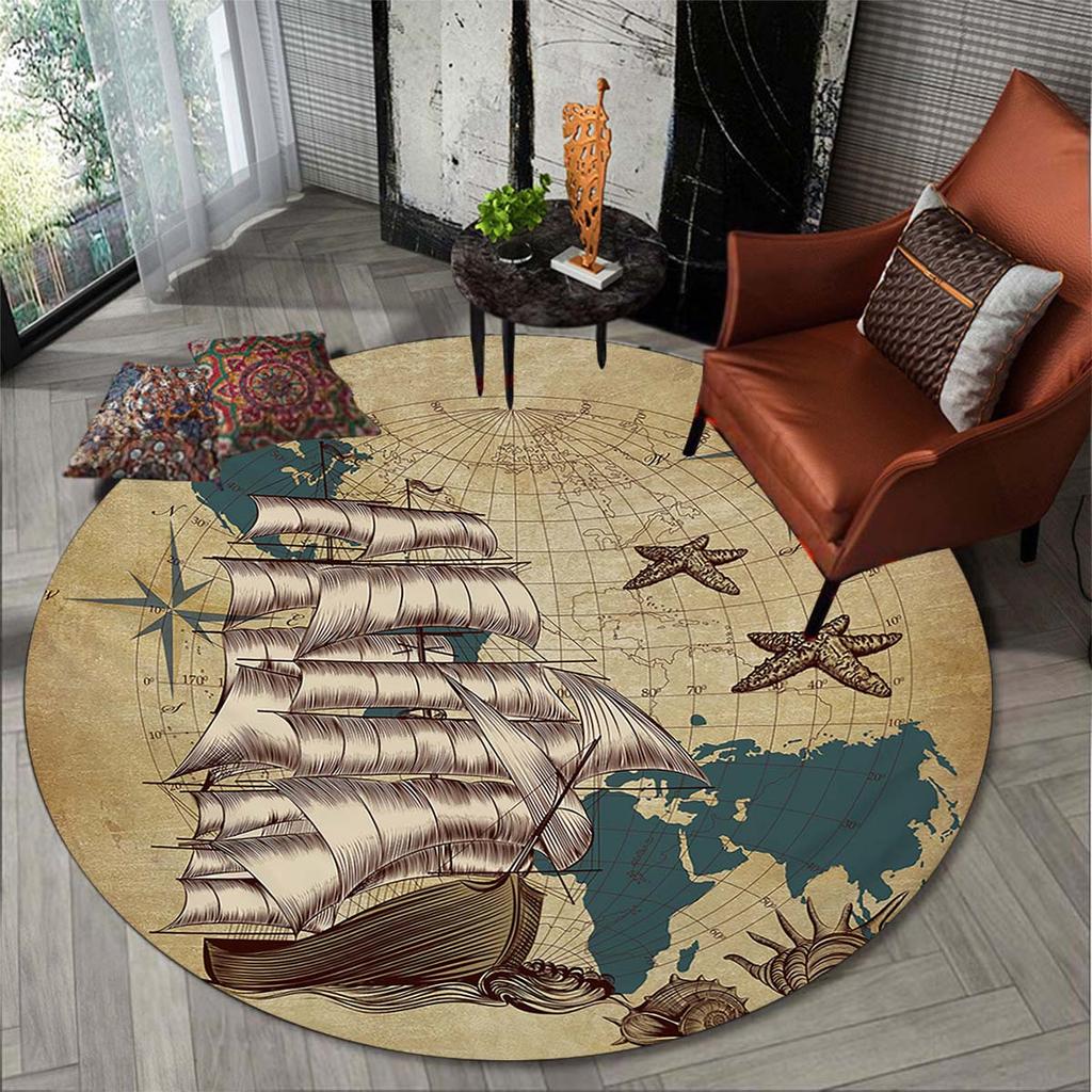 Sailing Ship Pattern Round Rug - Anti-Fatigue Non-Slip Patio Mat for Living Room, Bedroom, Indoor & Outdoor Decor