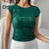 Женская футболка с круглым вырезом и коротким рукавом, топы с пайетками, открытая спина, облегающий крой, сексуальные топы для вечеринок, повседневная одежда