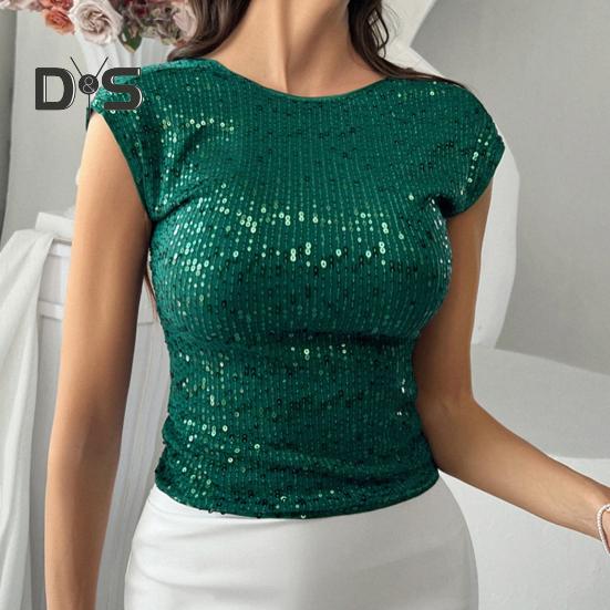 Женская футболка с круглым вырезом и коротким рукавом, топы с пайетками, открытая спина, облегающий крой, сексуальные топы для вечеринок, повседневная одежда