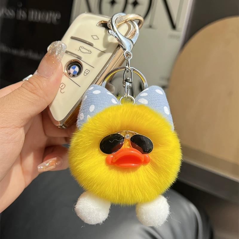 [Cute Little Duck] Rex Rabbit Hair Little Yellow Duck Cart Keychain Pendant Pom-pom Doll Bag Pendant