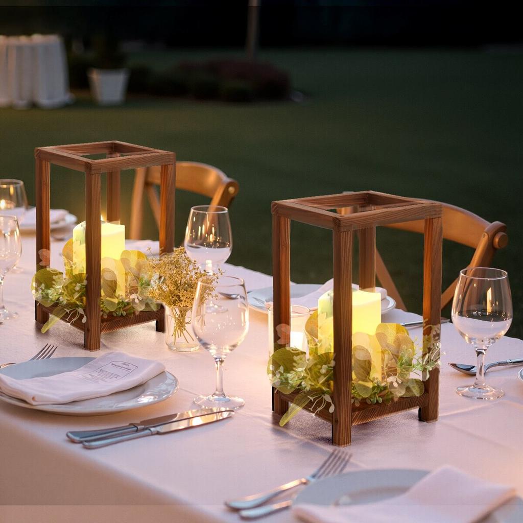 12 Set/36 Pcs Wooden Wedding Lantern Centerpiece, Includes 12 Wooden Lantern Candle Holder 12 Flameless LED Candle 12 Eucalyptus Leaves Wreath for