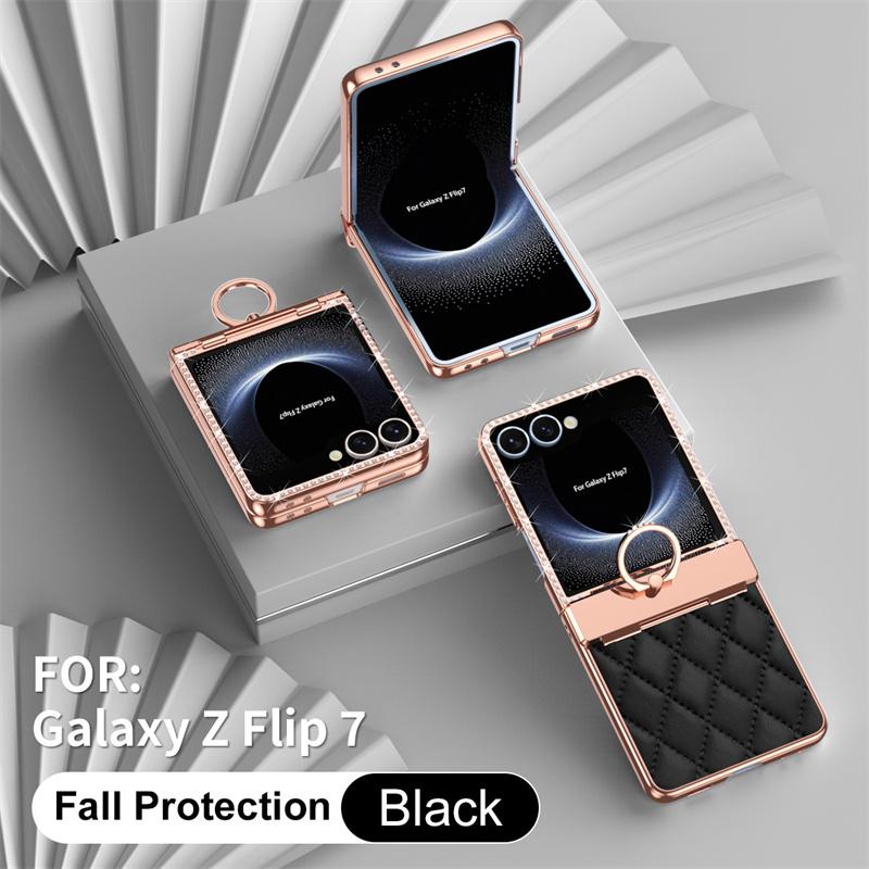 Для Samsung Galaxy Z Flip7 5G Чехол для телефона из ПУ кожи с покрытием, блестками, стразами, кольцом-держателем, защита шарнира, защитная пленка для экрана, противоударный чехол