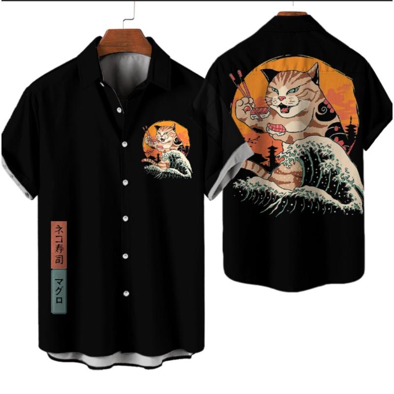 Повседневная гавайская рубашка мужская японская рубашка с 3D-узором Bushido мужские рубашки мультяшные животные кошка 3D-печать мужская рубашка мужская одежда
