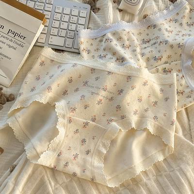 Плюс размер женское цветочное кружево сбоку романтическое милое мягкое высокое весеннее хлопковое нижнее белье с промежностью