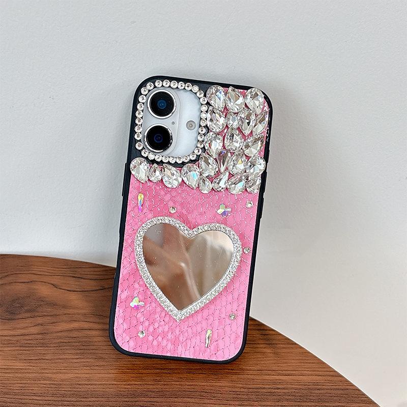 Чехол для мобильного телефона Rhinestone Love Mirror для IPhone17promax Кожа для Apple 16 Женская модель 15 Индивидуальность