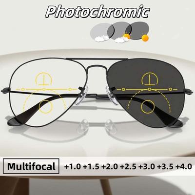 Модные Фотохромные Мультифокальные Очки для Пресбиопии Мужские с Большой Рамкой Высококачественная Металлическая Оправа Очков Диоптрии До +4.0
