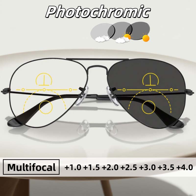 Модные Фотохромные Мультифокальные Очки для Пресбиопии Мужские с Большой Рамкой Высококачественная Металлическая Оправа Очков Диоптрии До +4.0