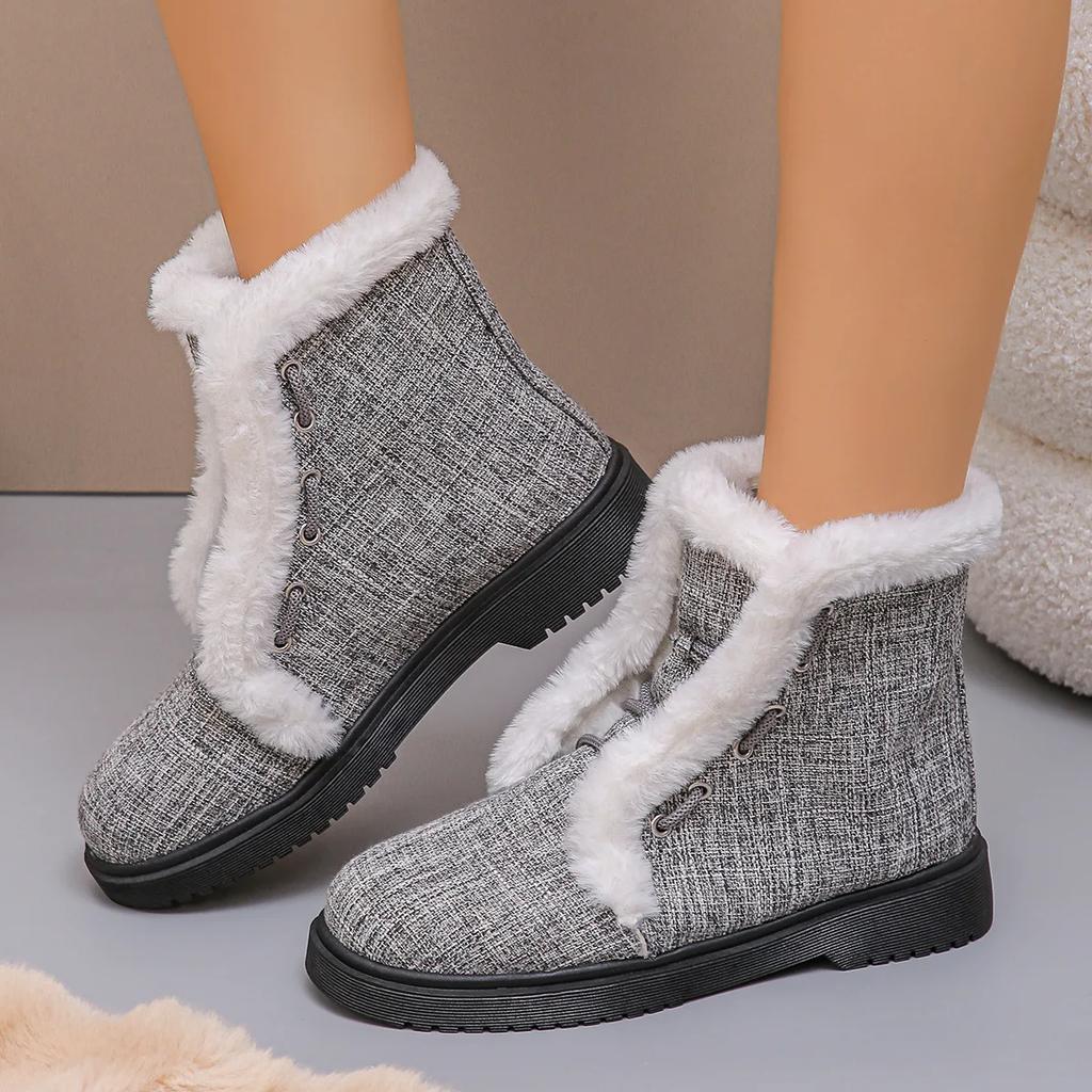 Fashion Autumn and Winter Thick Snow Boots with Velvet New Fashionable Women's Fury Short Style Tie Up Warm Non-slip Winter Boots