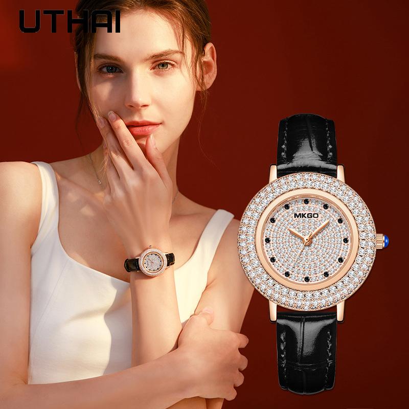 UTHAI W43 Новые женские брендовые кварцевые часы Роскошные полностью инкрустированные бриллиантами Ювелирные изделия Кристалл Драгоценный камень Шкала Водонепроницаемый кожаный ремешок Женские часы