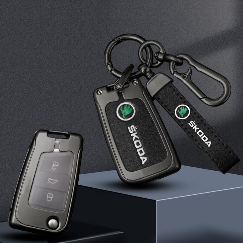 Zinc Alloy Leather Car Flip Remote Key Fob Case Cover Bag For Skoda Octavia Kodiaq Karoq Protector Shell Keychain Accessories EH4